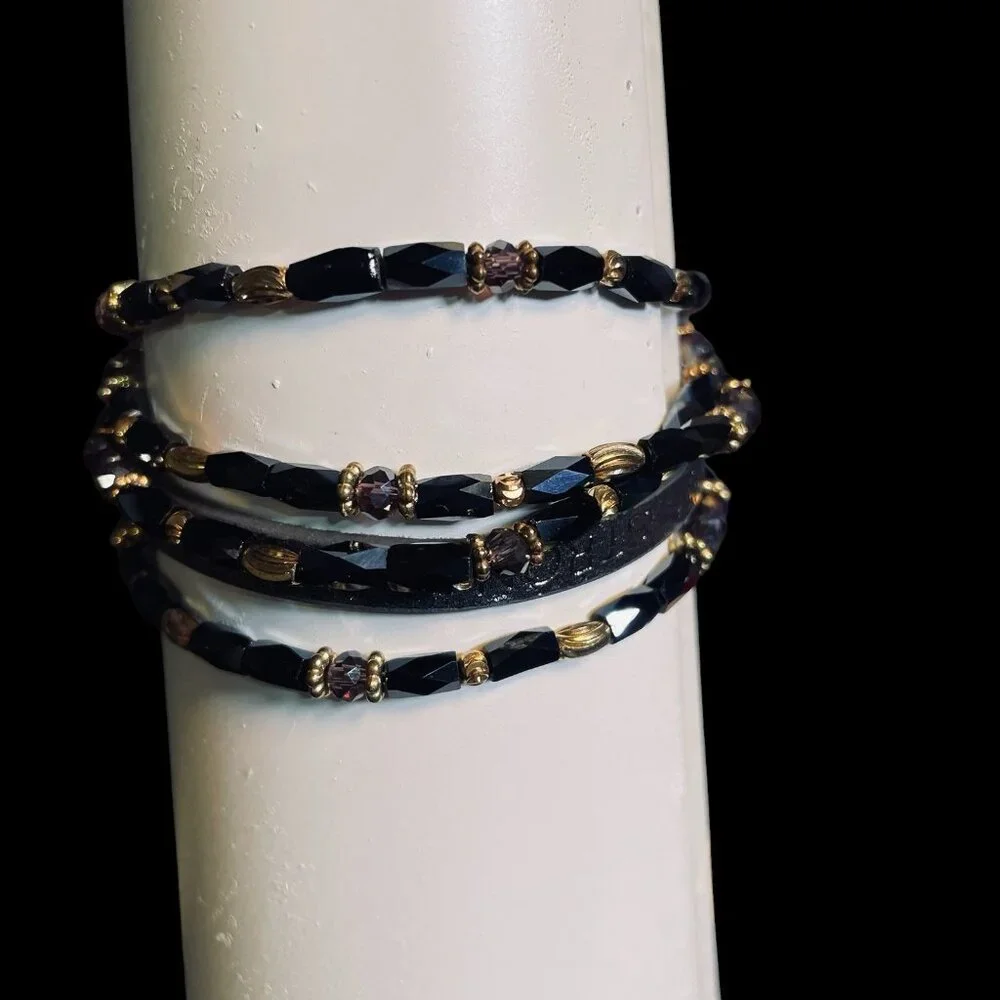 GWM Leather‎ Wrap Bracelet Black Gold Beaded Adjustable Logo Jewelry Boho Street